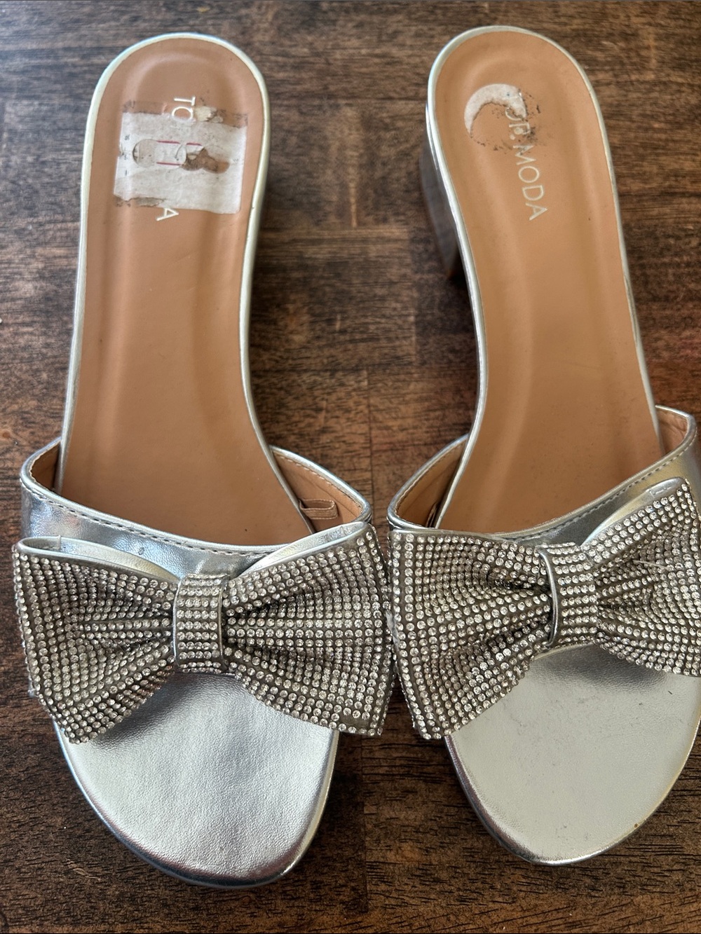 TOP Moda Silver Rhinestone Bow Slide Mules